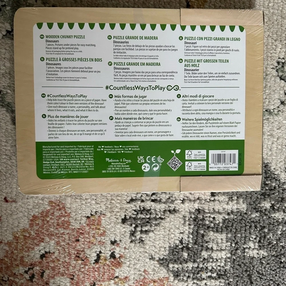 New Melissa & Doug Dinosaur Extra Thick Wooden Chunky Puzzle FSC Certified